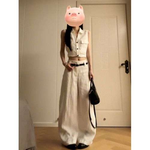 2025新款白色V領無袖襯衫女夏季高級感氣質又a又颯禦姐兩件套裝