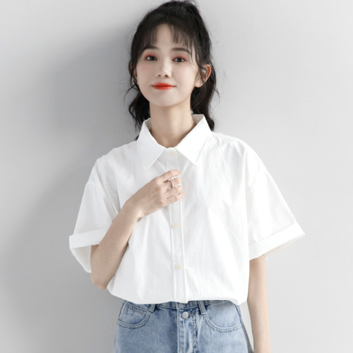 韓國白色短袖襯衫女春夏季polo領上衣正肩小個子休閒氣質工裝襯衣