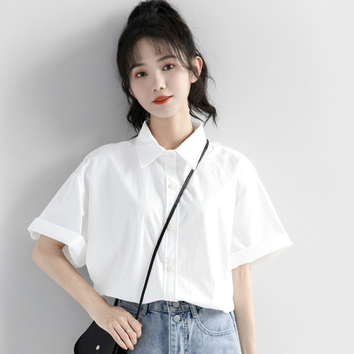 韓國白色短袖襯衫女春夏季polo領上衣正肩小個子休閒氣質工裝襯衣