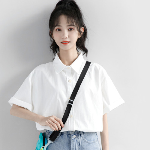 韓國白色短袖襯衫女春夏季polo領上衣正肩小個子休閒氣質工裝襯衣
