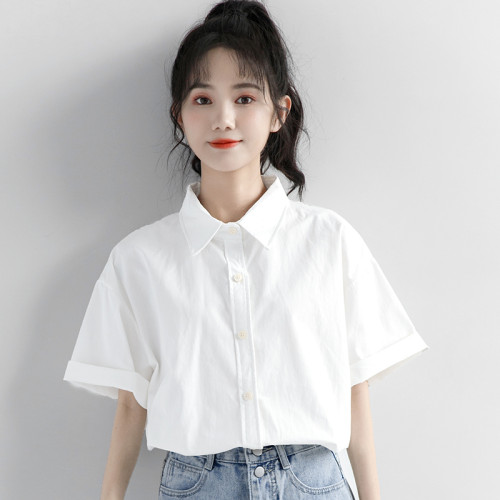 韓國白色短袖襯衫女春夏季polo領上衣正肩小個子休閒氣質工裝襯衣