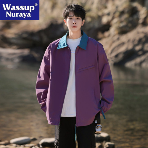 WASSUP NURAYA潮牌春秋撞色翻領外套男戶外防水休閒寬松上衣夾克