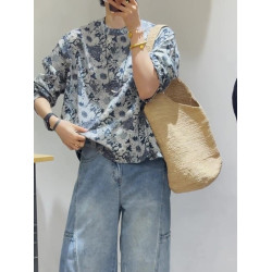 設計感藍色印花七分袖女士襯衫2025新款輕奢高級感顯瘦套頭上衣春