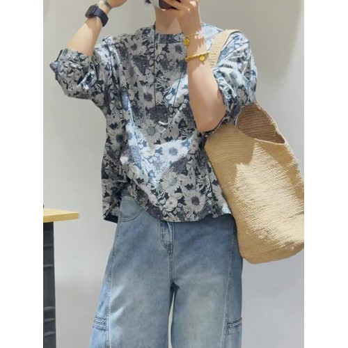 設計感藍色印花七分袖女士襯衫2025新款輕奢高級感顯瘦套頭上衣春