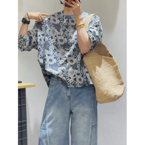 設計感藍色印花七分袖女士襯衫2025新款輕奢高級感顯瘦套頭上衣春