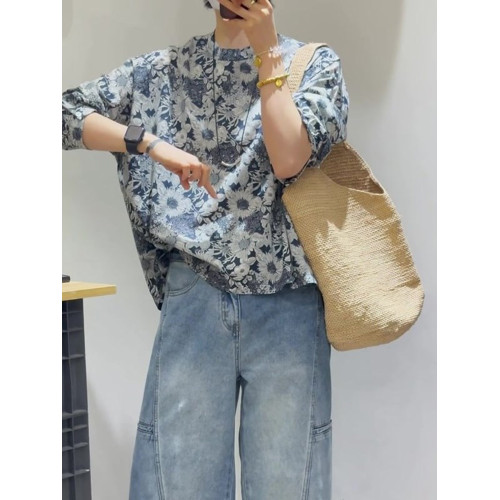 設計感藍色印花七分袖女士襯衫2025新款輕奢高級感顯瘦套頭上衣春