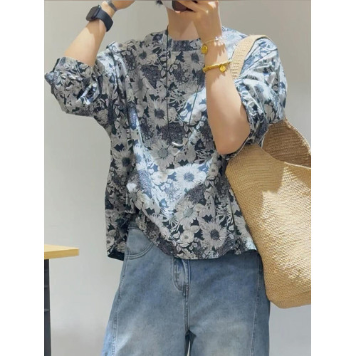 設計感藍色印花七分袖女士襯衫2025新款輕奢高級感顯瘦套頭上衣春