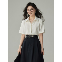 婭可家白色暗門襟緞面短袖襯衫女夏季垂感不易皺通勤職業面試襯衣
