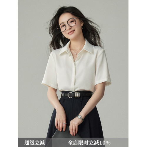 婭可家白色暗門襟緞面短袖襯衫女夏季垂感不易皺通勤職業面試襯衣