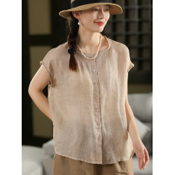 100%斜紋苧麻不透肉小個子短款木耳邊襯衫單排釦短袖襯衣薄款上衣