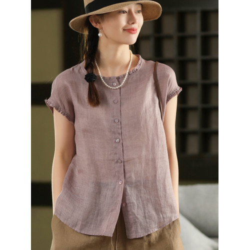 100%斜紋苧麻不透肉小個子短款木耳邊襯衫單排釦短袖襯衣薄款上衣