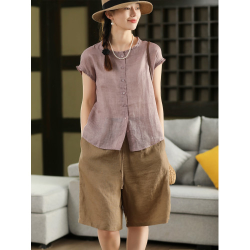 100%斜紋苧麻不透肉小個子短款木耳邊襯衫單排釦短袖襯衣薄款上衣