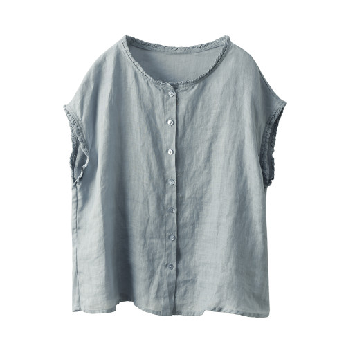 100%斜紋苧麻不透肉小個子短款木耳邊襯衫單排釦短袖襯衣薄款上衣