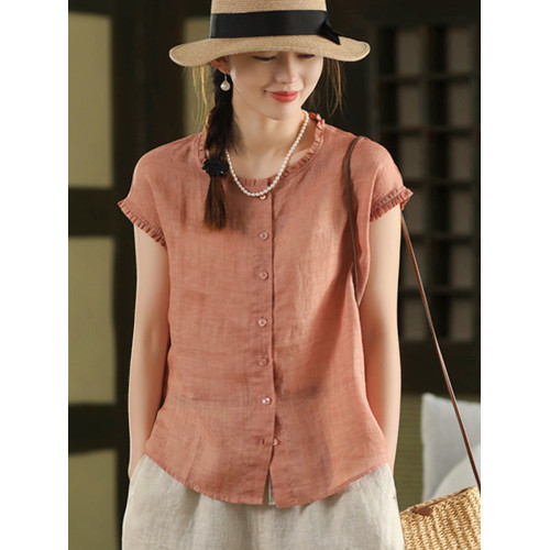 100%斜紋苧麻不透肉小個子短款木耳邊襯衫單排釦短袖襯衣薄款上衣