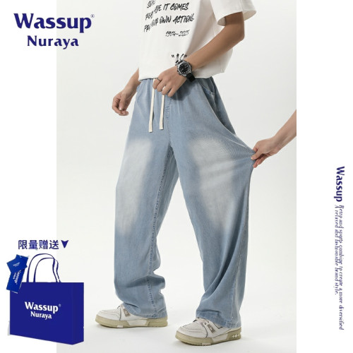 WASSUP NURAYA美式潮牌褶皺天絲薄款牛仔褲男夏季寬松直筒長褲子