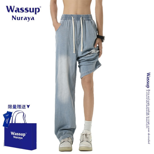 WASSUP NURAYA美式潮牌褶皺天絲薄款牛仔褲男夏季寬松直筒長褲子