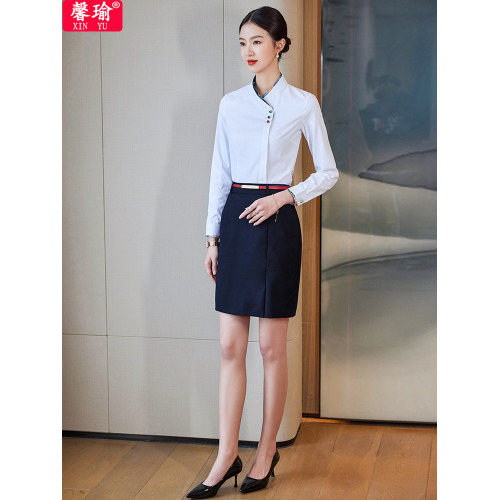 夏季酒店前台職業裝襯衫女空姐氣質短袖餐飲收銀服務員工作服套裝