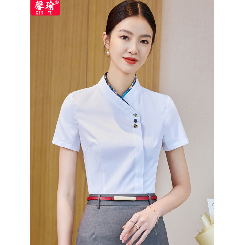 夏季酒店前台職業裝襯衫女空姐氣質短袖餐飲收銀服務員工作服套裝