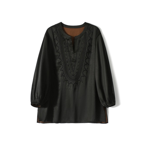 非遺華夏《墨染風華》新中式刺綉香雲紗上衣女素縐緞桑蠶絲襯衫