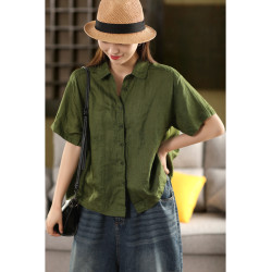 園園美衣復古100%亞麻襯衫女大口袋單排釦襯衣外套夏季短袖上衣