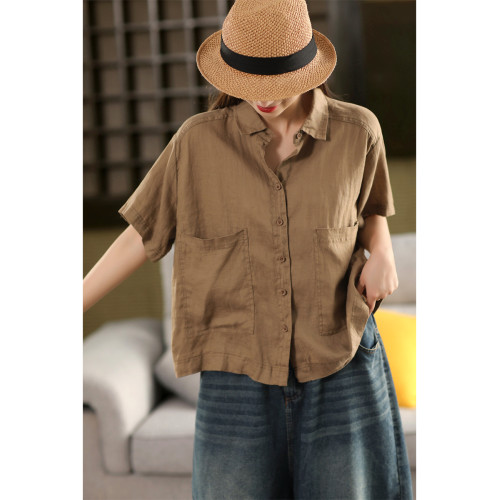 園園美衣復古100%亞麻襯衫女大口袋單排釦襯衣外套夏季短袖上衣
