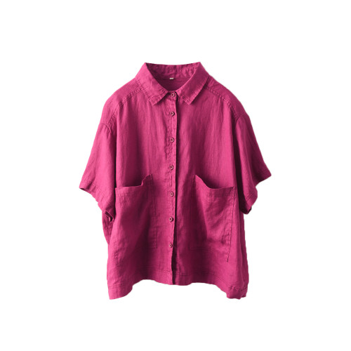 園園美衣復古100%亞麻襯衫女大口袋單排釦襯衣外套夏季短袖上衣