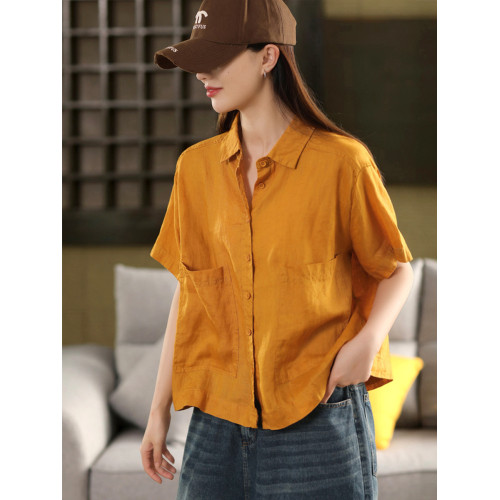 園園美衣復古100%亞麻襯衫女大口袋單排釦襯衣外套夏季短袖上衣