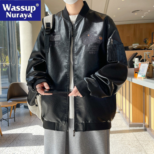 WASSUP NURAYA皮衣外套男士春秋痞帥潮牌機車服寬鬆大碼休閒夾克
