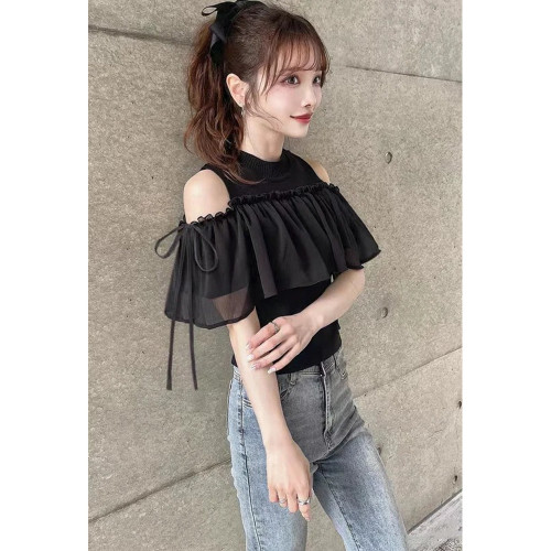 小泡芙日系春款清楚系女裝時尚荷葉邊露肩修身圓領百搭針織襯上衣