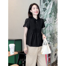 Mayya Plus短袖襯衫女夏季新款百褶盤釦黑色設計感休閒小衫上衣