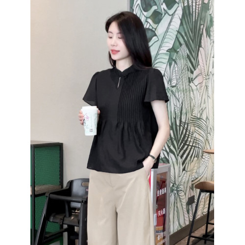 Mayya Plus短袖襯衫女夏季新款百褶盤釦黑色設計感休閒小衫上衣