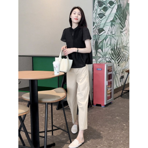 Mayya Plus短袖襯衫女夏季新款百褶盤釦黑色設計感休閒小衫上衣