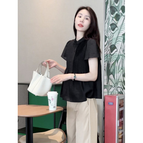 Mayya Plus短袖襯衫女夏季新款百褶盤釦黑色設計感休閒小衫上衣