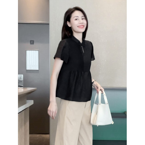 Mayya Plus短袖襯衫女夏季新款百褶盤釦黑色設計感休閒小衫上衣