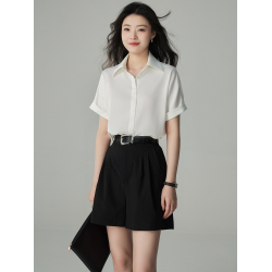 婭可家白色緞面短袖襯衫女夏季OL職業正裝通勤垂感不易皺面試襯衣