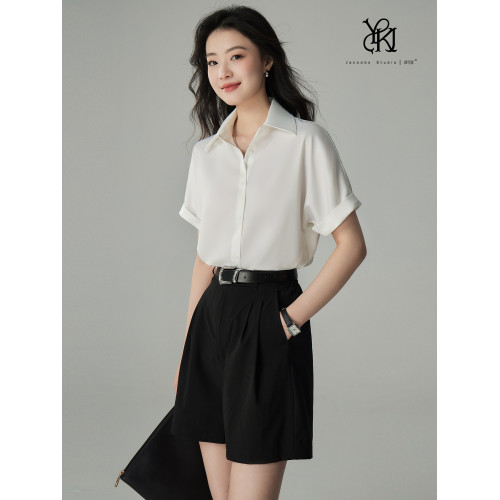 婭可家白色緞面短袖襯衫女夏季OL職業正裝通勤垂感不易皺面試襯衣