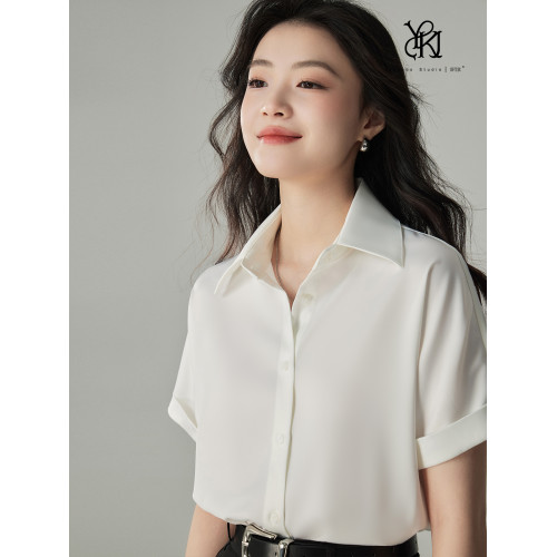 婭可家白色緞面短袖襯衫女夏季OL職業正裝通勤垂感不易皺面試襯衣