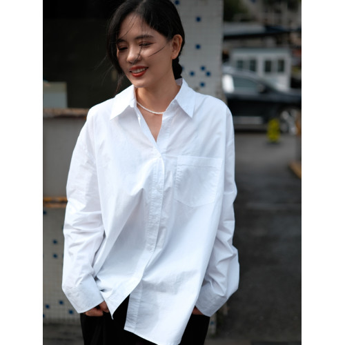 白襯衫女寬松棉百搭外穿防曬襯衣外套春秋復古港味設計感小衆慵懶