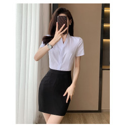 空乘職業套裝襯衫女職業裝氣質V領白色空姐製服套裙女春季工作服