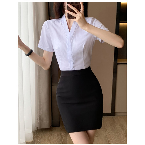 空乘職業套裝襯衫女職業裝氣質V領白色空姐製服套裙女春季工作服