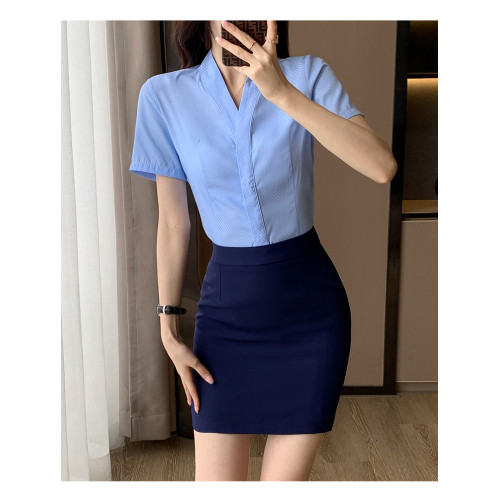 空乘職業套裝襯衫女職業裝氣質V領白色空姐製服套裙女春季工作服