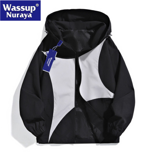 WASSUP Nuraya潮牌戶外沖鋒衣男士春秋拼色寬鬆情侶連帽夾克外套