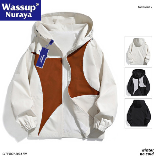 WASSUP Nuraya潮牌戶外沖鋒衣男士春秋拼色寬鬆情侶連帽夾克外套