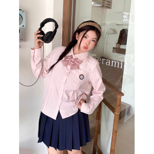 阿車家的大碼jk胖mm原創日系長短袖襯衫女學院風甜美百搭粉色襯衣