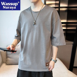 WASSUP NURAYA夏季寬松潮牌學生青年短袖體恤上衣五分袖半袖T恤男