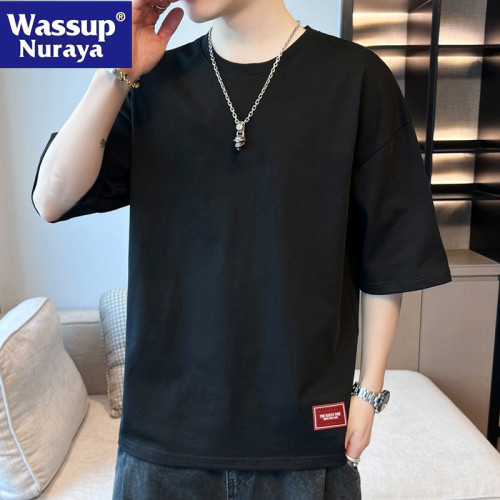 WASSUP NURAYA夏季寬松潮牌學生青年短袖體恤上衣五分袖半袖T恤男