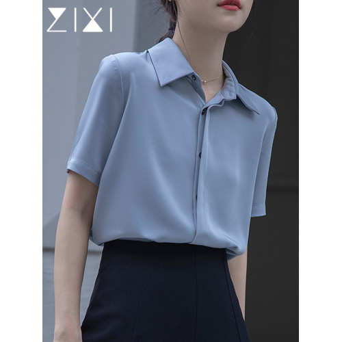 職業藍色短袖襯衫女工作服免燙抗皺通勤白色襯衣面試穿正裝夏季