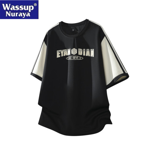 WASSUP Nuraya潮牌美式短袖t恤男士夏季寬鬆圓領拼接撞色休閒上衣