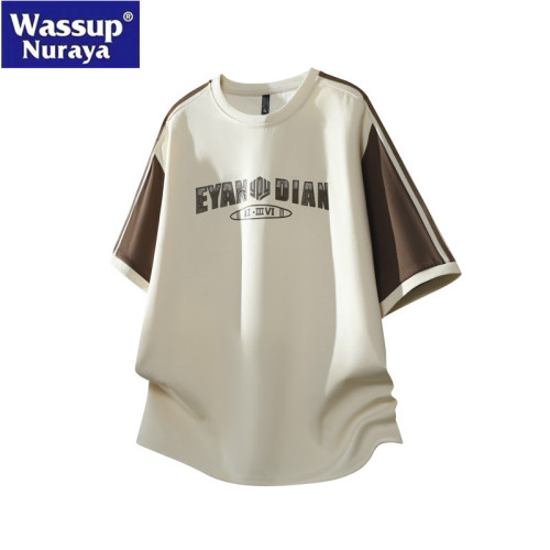 WASSUP Nuraya潮牌美式短袖t恤男士夏季寬鬆圓領拼接撞色休閒上衣