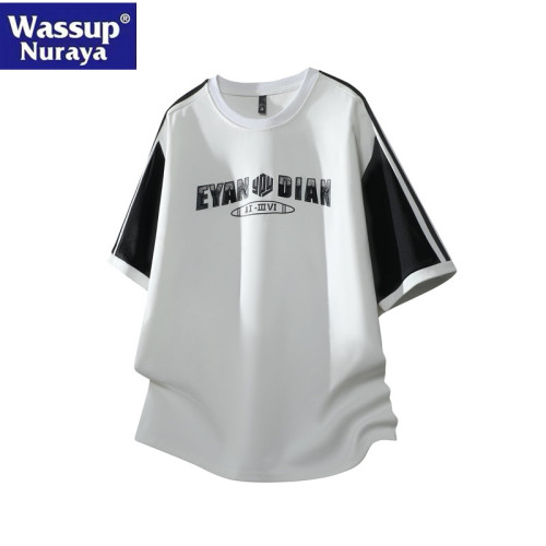 WASSUP Nuraya潮牌美式短袖t恤男士夏季寬鬆圓領拼接撞色休閒上衣